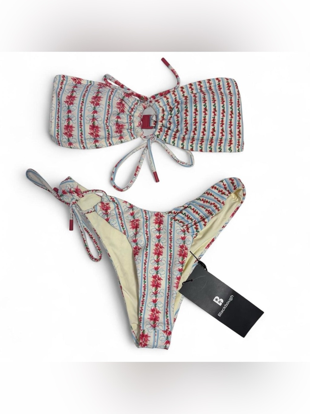 Blackbough Cream Bikini with Pink Floral Stripes and Blue Accents - size S